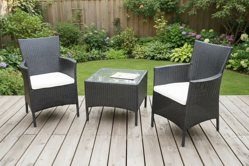 Black 3PC Set PE/PVC Rattan Patio Chairs & Side Table 3PC Set by dealonline.co.nz