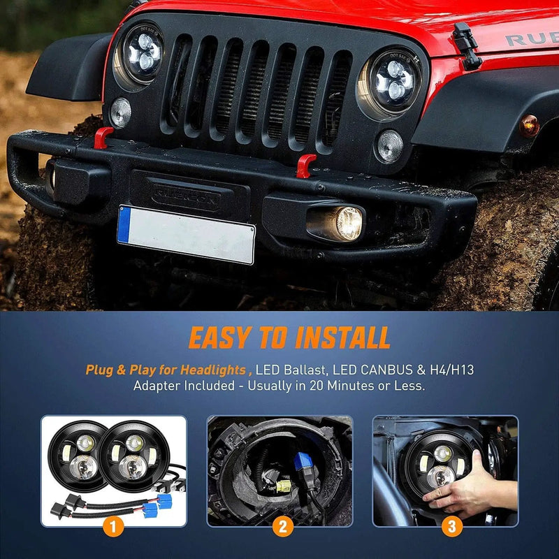 Pair 7'' Inch Round LED Headlights For Jeep Wrangler TJ JK 1997-2017 Motorcycle by salelink.co.nz