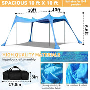 Beach Canopy with 4 Aluminium Poles – UPF 50+ Large Portable Sun Shelter (300 × 300 cm) ZYDZ6024 by ECOTREK