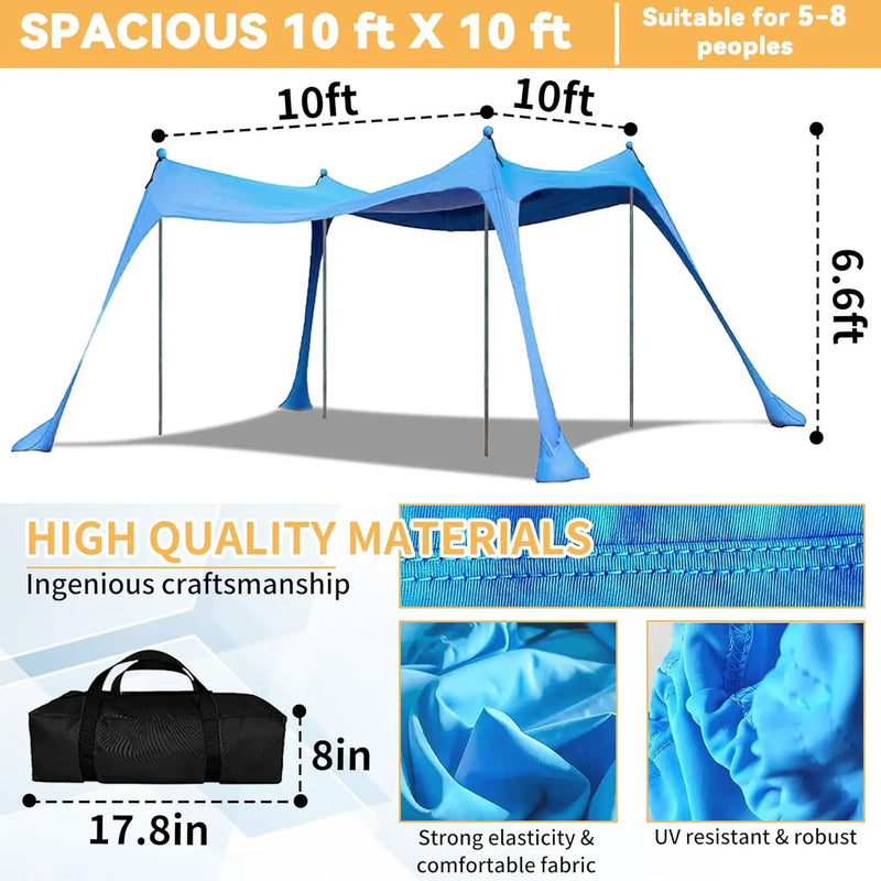 Beach Canopy with 4 Aluminium Poles – UPF 50+ Large Portable Sun Shelter (300 × 300 cm) ZYDZ6024 by ECOTREK