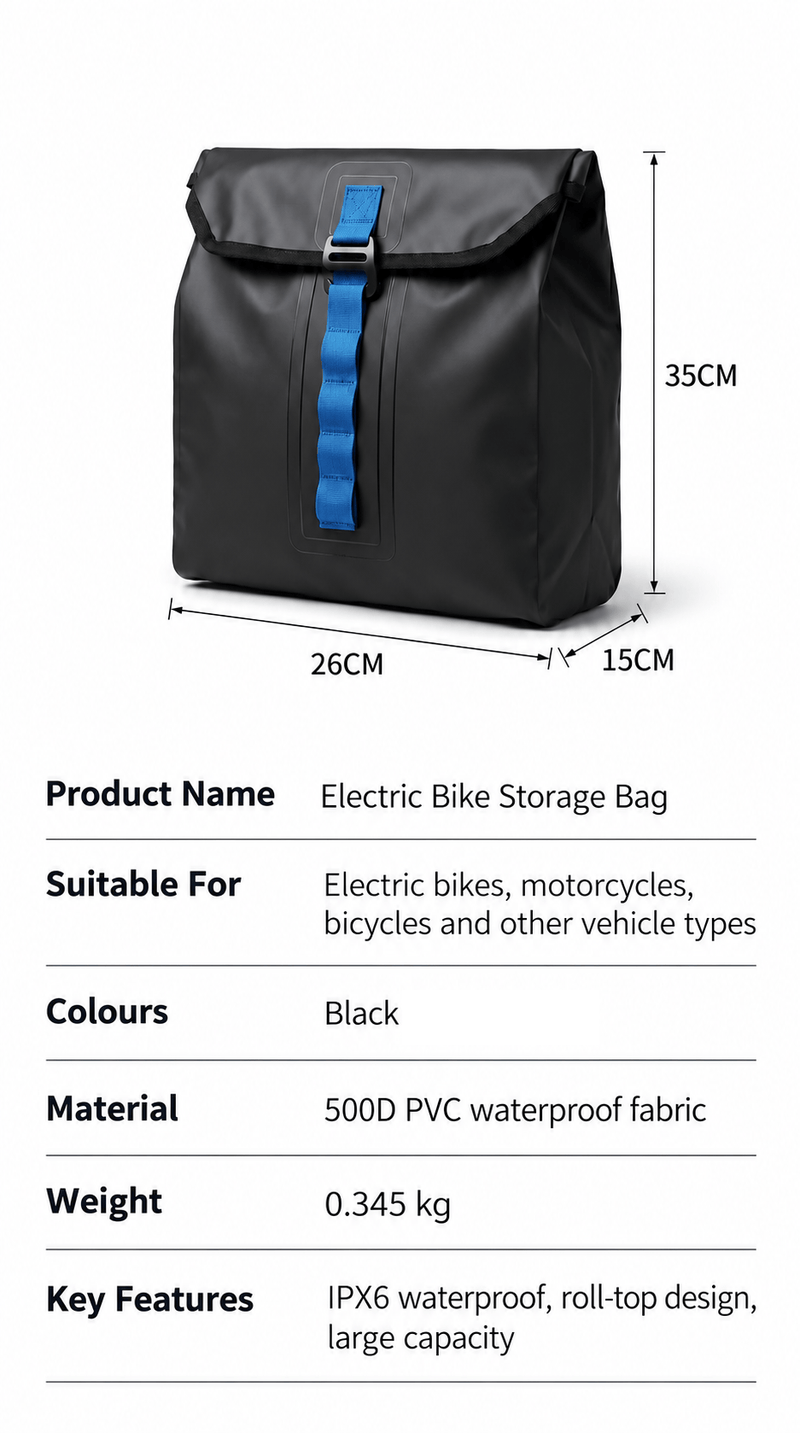 ECOTREK Bike Bags Waterproof Roll-Top Bag for E-Bikes, Motorcycles & Bicycles XY13451 Waterproof Roll-Top Bag for E-Bikes, Motorcycles & Bicycles XY13451