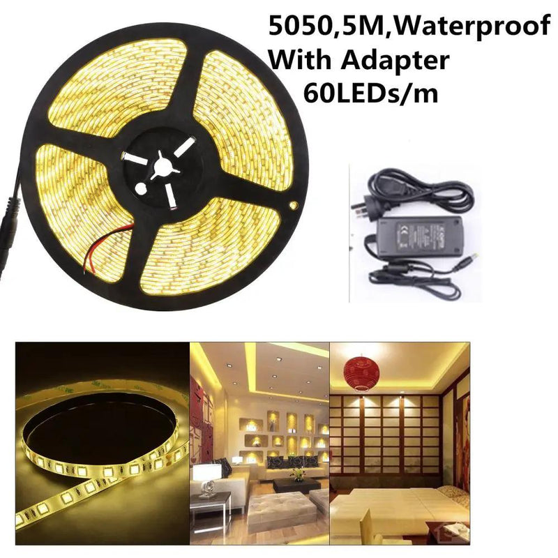 5M Warm White 5050 12V Led Strip Light with Power Adapter by salelink.co.nz