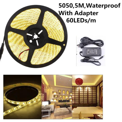 5M Warm White 5050 12V Led Strip Light with Power Adapter by salelink.co.nz