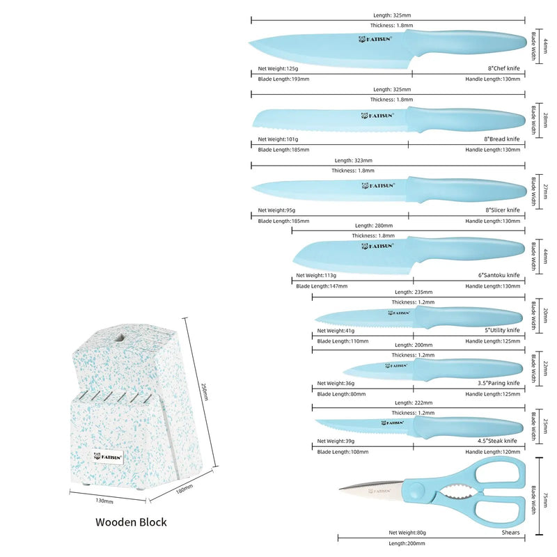 Kitchen Knife Set With Block, 14 Piece BLUE Non-Stick Paint Coating Stainless Steel Knives Set, Anti-Rust And Dishwasher Safe, 12 Knives With Kitchen Shears And Block - Blue by China Dropship