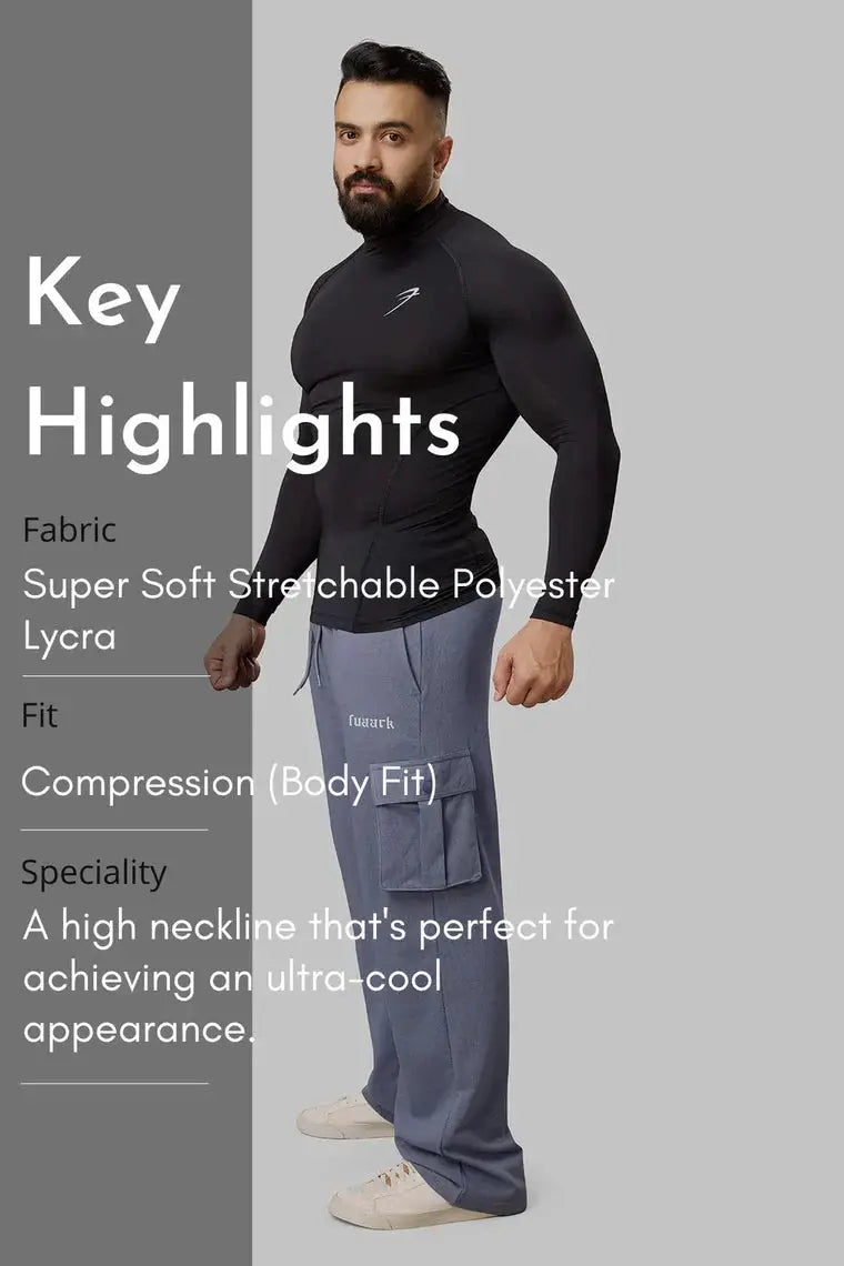High Neck Compression Full Sleeves T-shirt Black by Fuaark Nz
