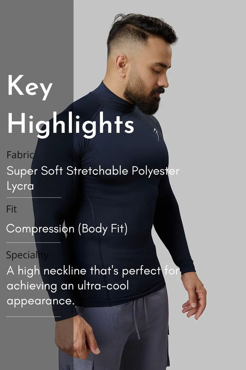 High Neck Compression Full Sleeves T-shirt Navy by Fuaark Nz