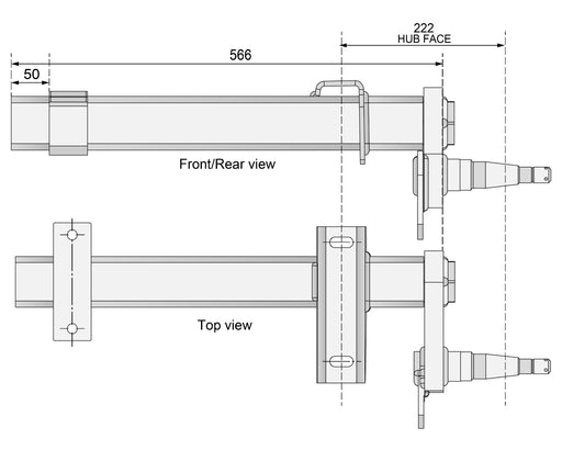 Half-beam Duratorque Right - 1000kg Per Pair front and top view technical diagram with dimensions.