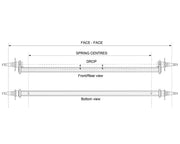Drop Beam Axle diagram showing front and bottom views with spring centres and drop measurements.