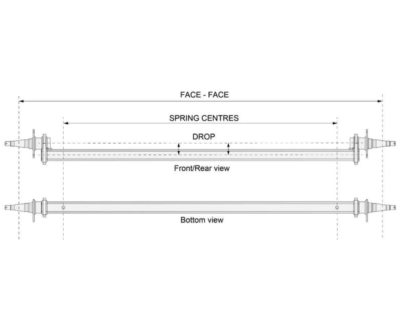 Drop Beam Axle diagram showing front and bottom views with spring centres and drop measurements.