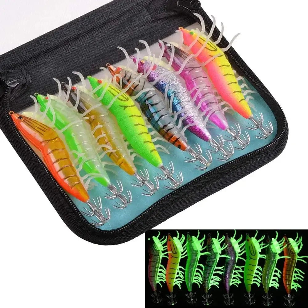 China China 8Pcs/bag Luminous 20g Squid Fishing lure Shrimp Jigs Wood lure 3D Eyes Octopus lures Cuttlefish Artificial bait jigging hook