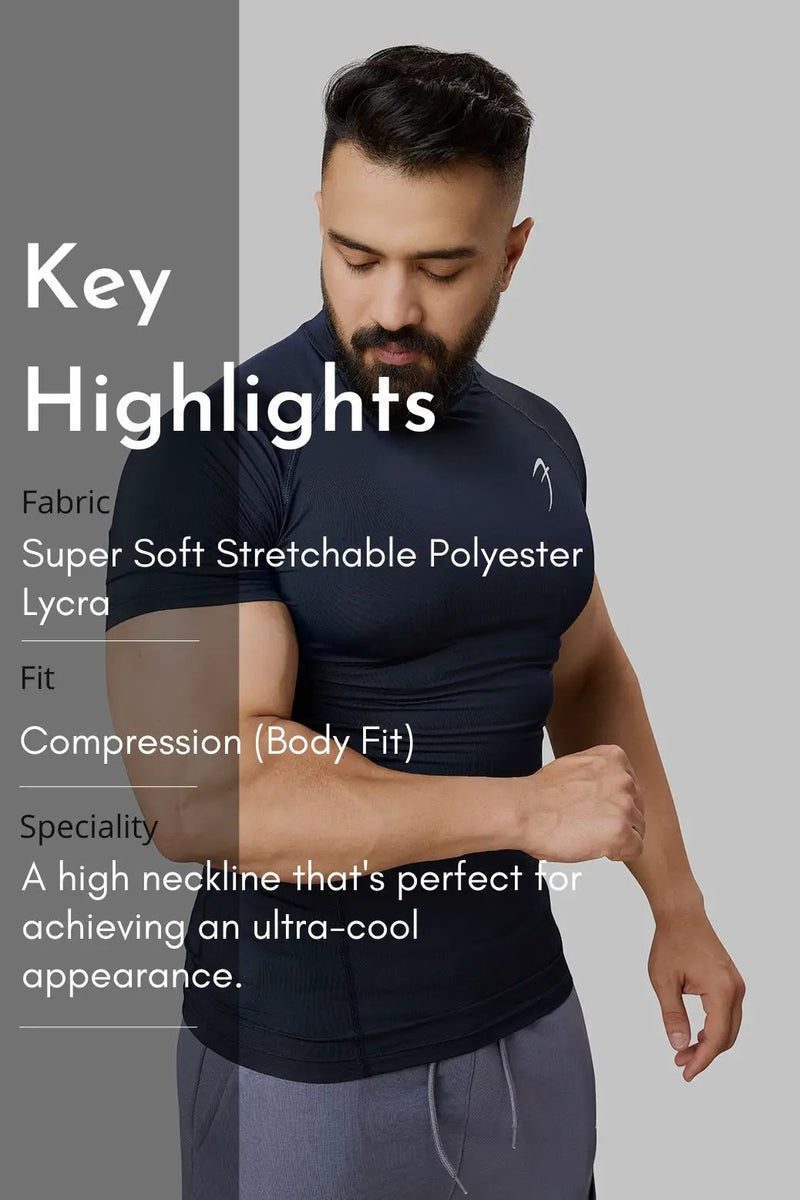 High Neck Compression T-shirt Navy by Fuaark Nz