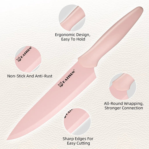 Kitchen Knife Set With Block, 14 Piece Pink Non-Stick Paint Coating Stainless Steel Knives Set, Anti-Rust And Dishwasher Safe, 12 Knives With Kitchen Shears And Block Pink - Pink by China Dropship