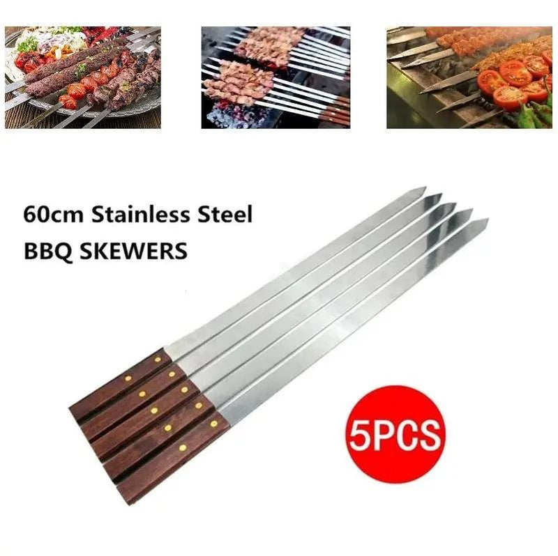 5 x BBQ Skewer Kabob Kabab Plain Medium Classic Flat wooden handle 59CM length by dealonline.co.nz