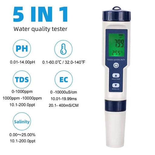 5 in 1 Pen Meter PH EC TDS Salinity Temp LCD Digital Water Quality Monitor Test by salelink.co.nz