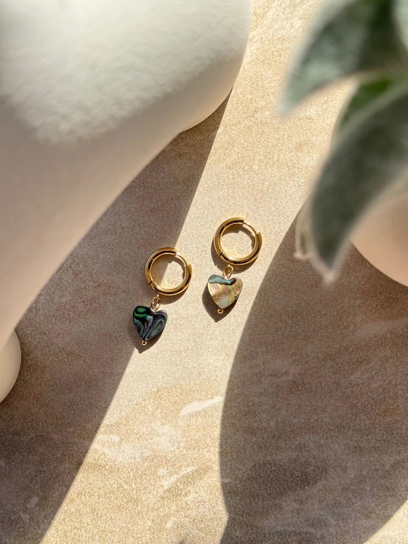 Pāua Gold Heart Huggies by Tahana Jewellery