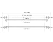 Drop Beam Axle diagram showing front/rear and bottom views with dimensions for face-face and spring centers.