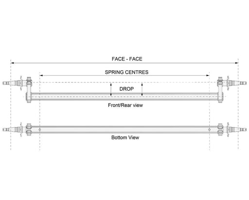 Drop Beam Axle diagram showing front/rear and bottom views with dimensions for face-face and spring centers.