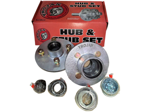 1500kg Non Braked Hub Set - Pair featuring metal hub components and bearings from Trojan, displayed with packaging.