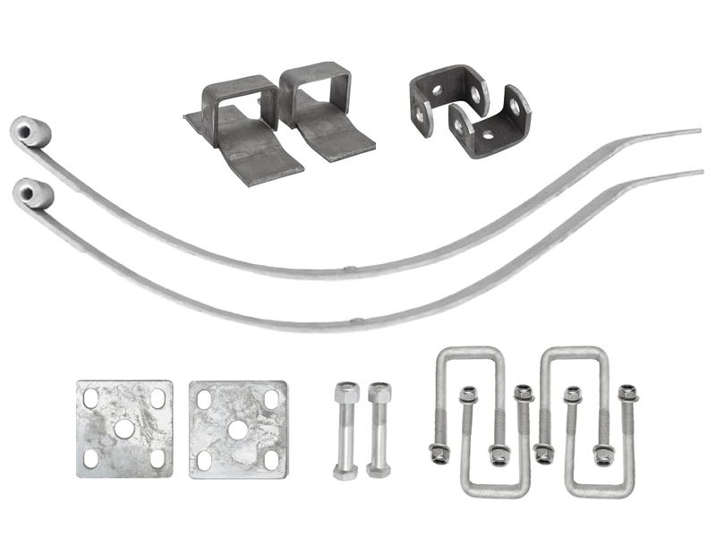Taper Leaf Spring Kits components including hangers, bolts, slippers, U-bolts, and plates for installation and support.