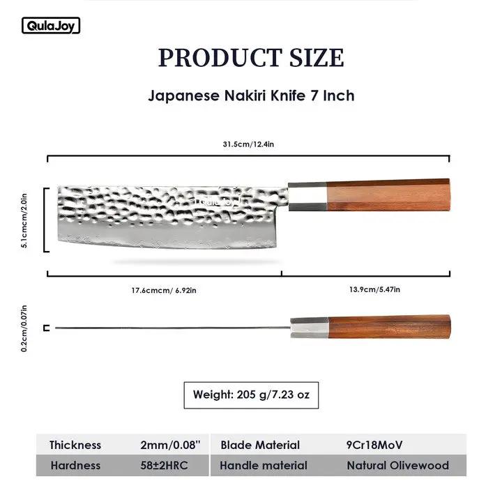 Qulajoy Nakiri Knife 7 Inch - Hammered Japanese Vegetable Knife 9cr18mov Mirror Polishing Hand Forged Blade Kitchen Knife - Olivewood Handle With Sheath - Santoku by China Dropship