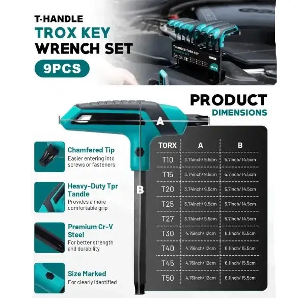 Habicare 9 Piece T-Handle Torx Wrench Set T10–T50 Two-Tip Star Wrenches 9 Piece T-Handle Torx Wrench Set T10–T50 Two-Tip Star Wrenches