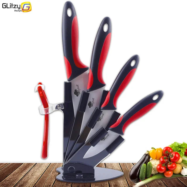 Kitchen Knives Ceramic Knife Set 3 4 5 6 inch Chef Knife Stand Holder Utility with Peeler Fruit Vegetable White Blade Anti-slip - Action Outdoors Kiwi