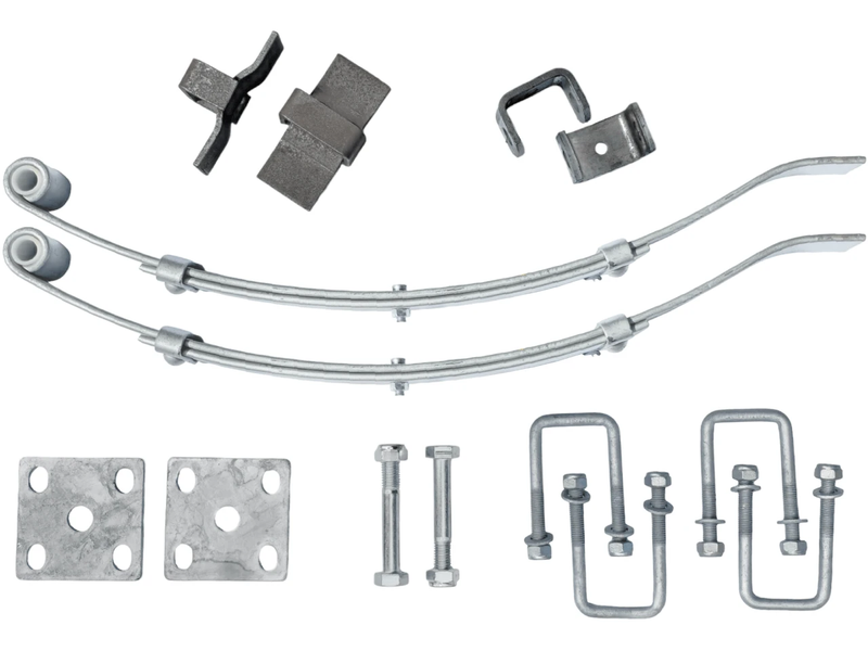 Multi Leaf Spring Kit components including springs, hangers, bolts, slippers, and plates.