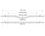 Gull Wing Axle - Disc Braked - 1500kg - Galvanised front and bottom view diagram with spring centres and bend dimensions