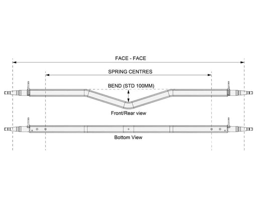 Gull Wing Axle - Disc Braked - 1500kg - Galvanised front and bottom view diagram with spring centres and bend dimensions