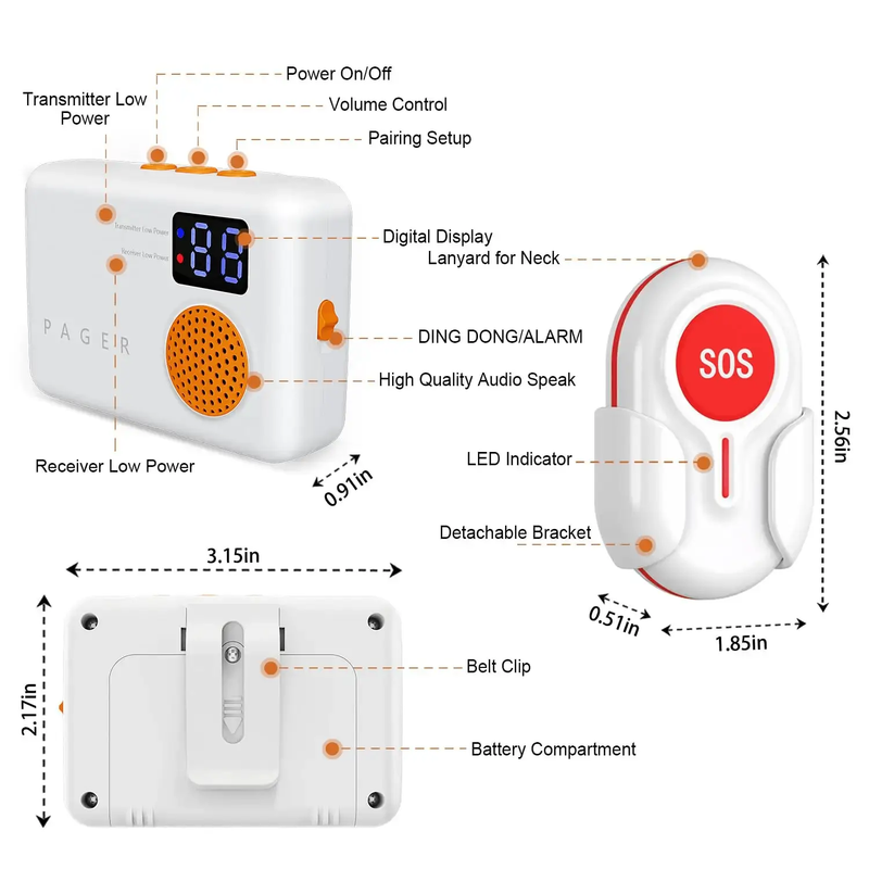 Wireless Caregiver Pager with 2 SOS Buttons (Up to 300mtrs range) by Eldertech
