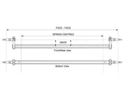 Drop Beam Axle technical drawing showing front/rear view and bottom view with measurements for spring centres and drop.