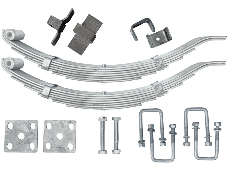 Multi Leaf Spring Kit components including springs, hangers, bolts, slippers, plates, and U-bolts.