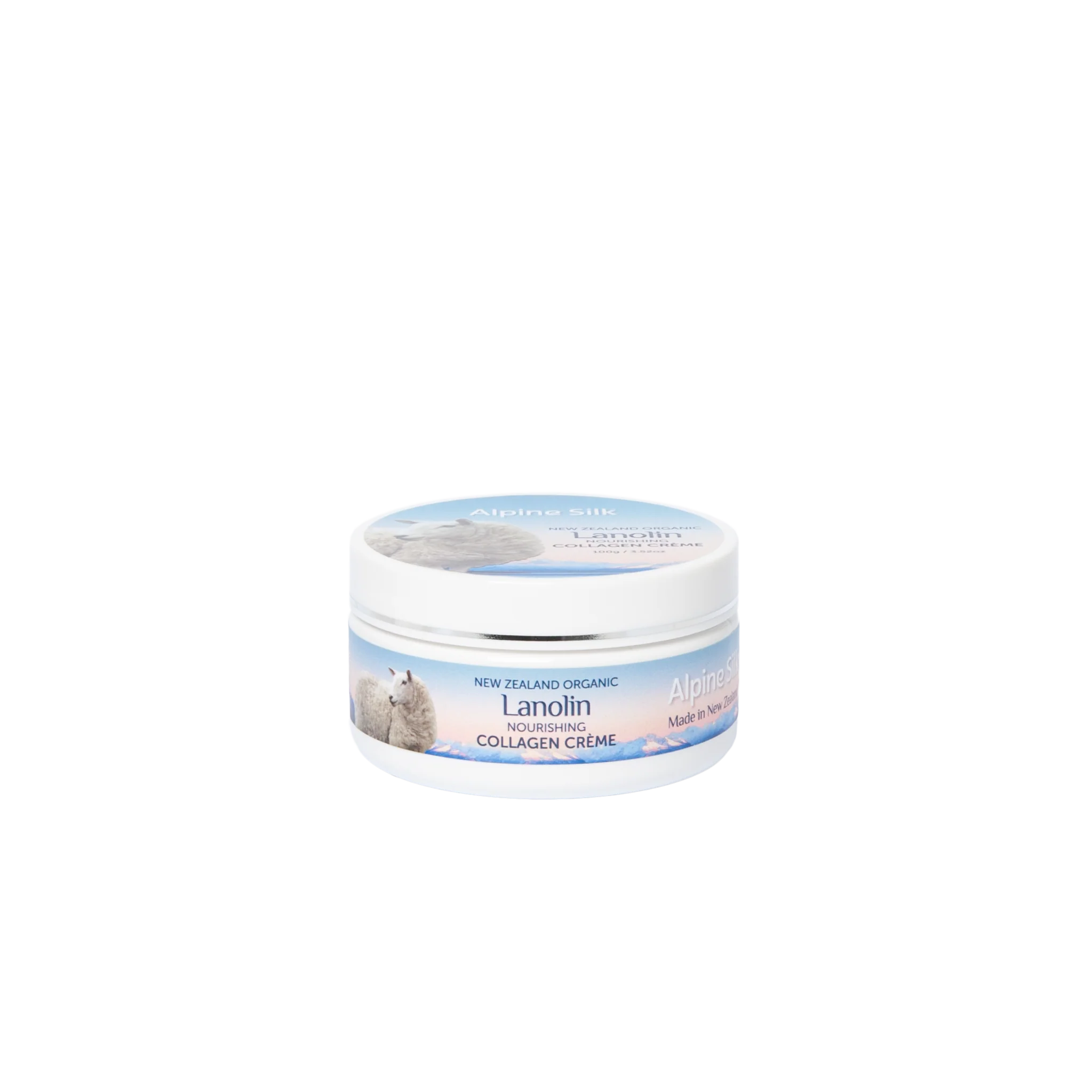Alpine Silk Organic Lanolin Collagen Cream 100g jar, featuring New Zealand certified organic ingredients.