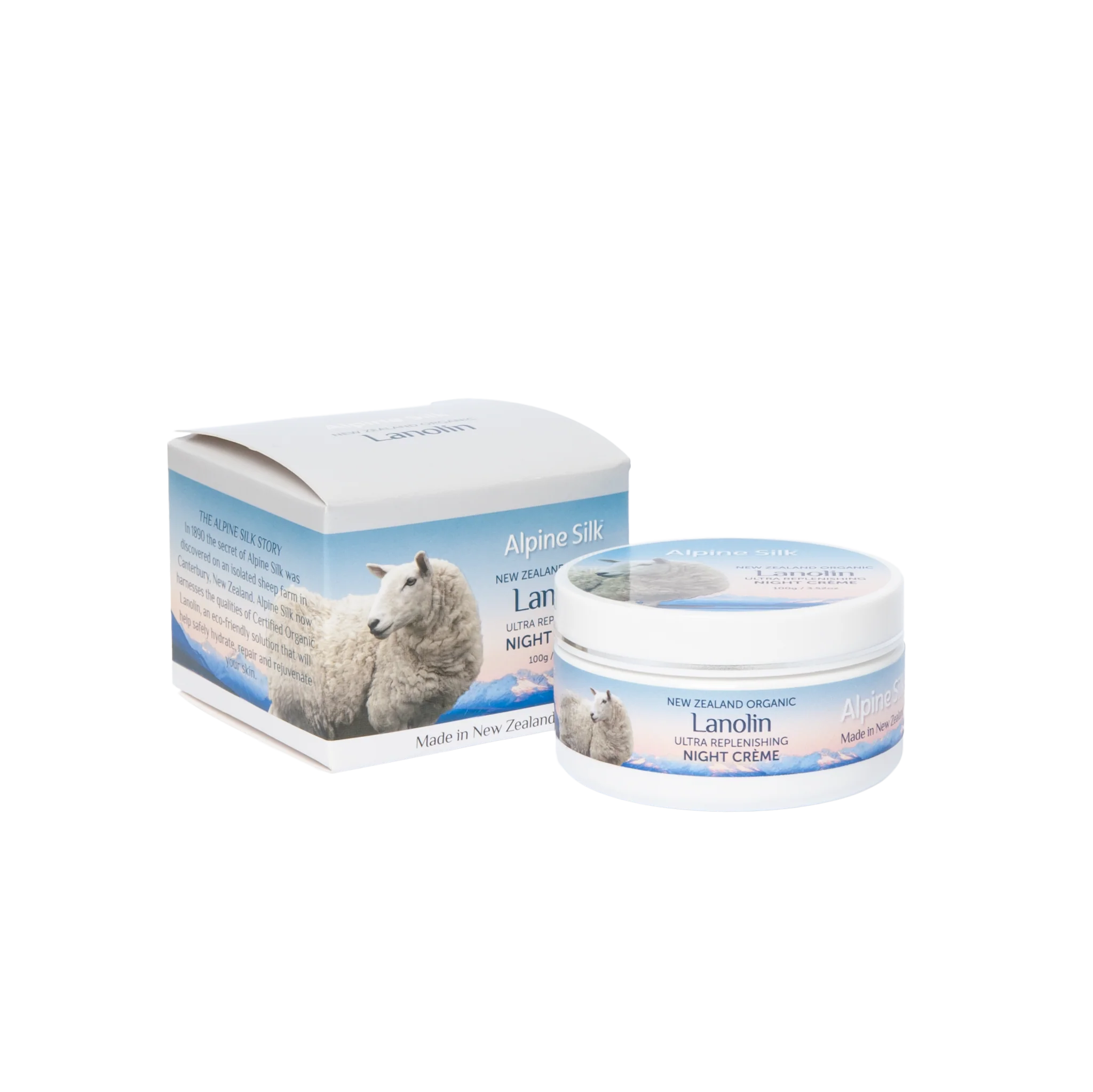 Alpine Silk Organic Lanolin Night Cream 100g jar and packaging, enriched with New Zealand lanolin for skin hydration.