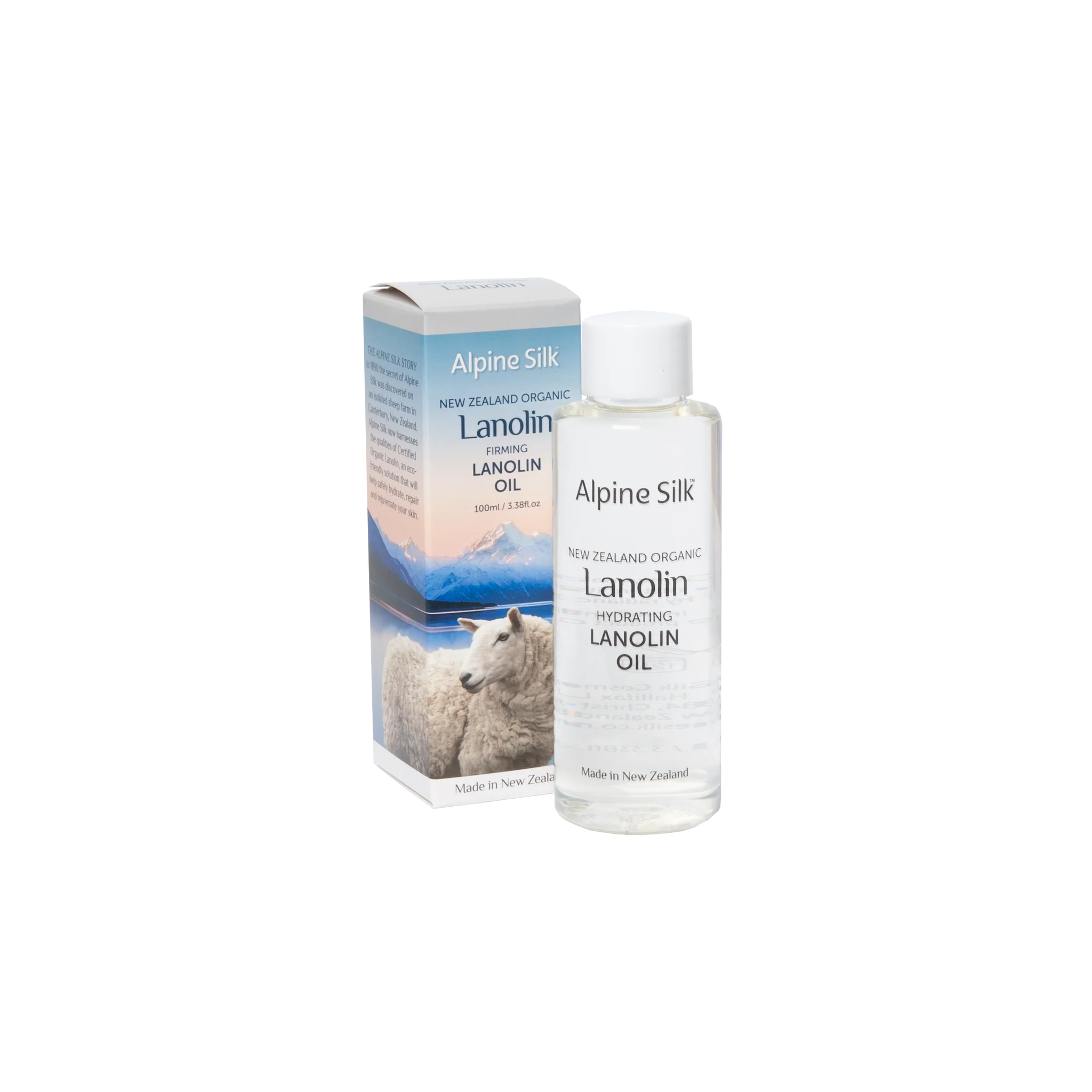 Alpine Silk Organic Lanolin Oil 100ml with packaging, made in New Zealand for skin hydration.