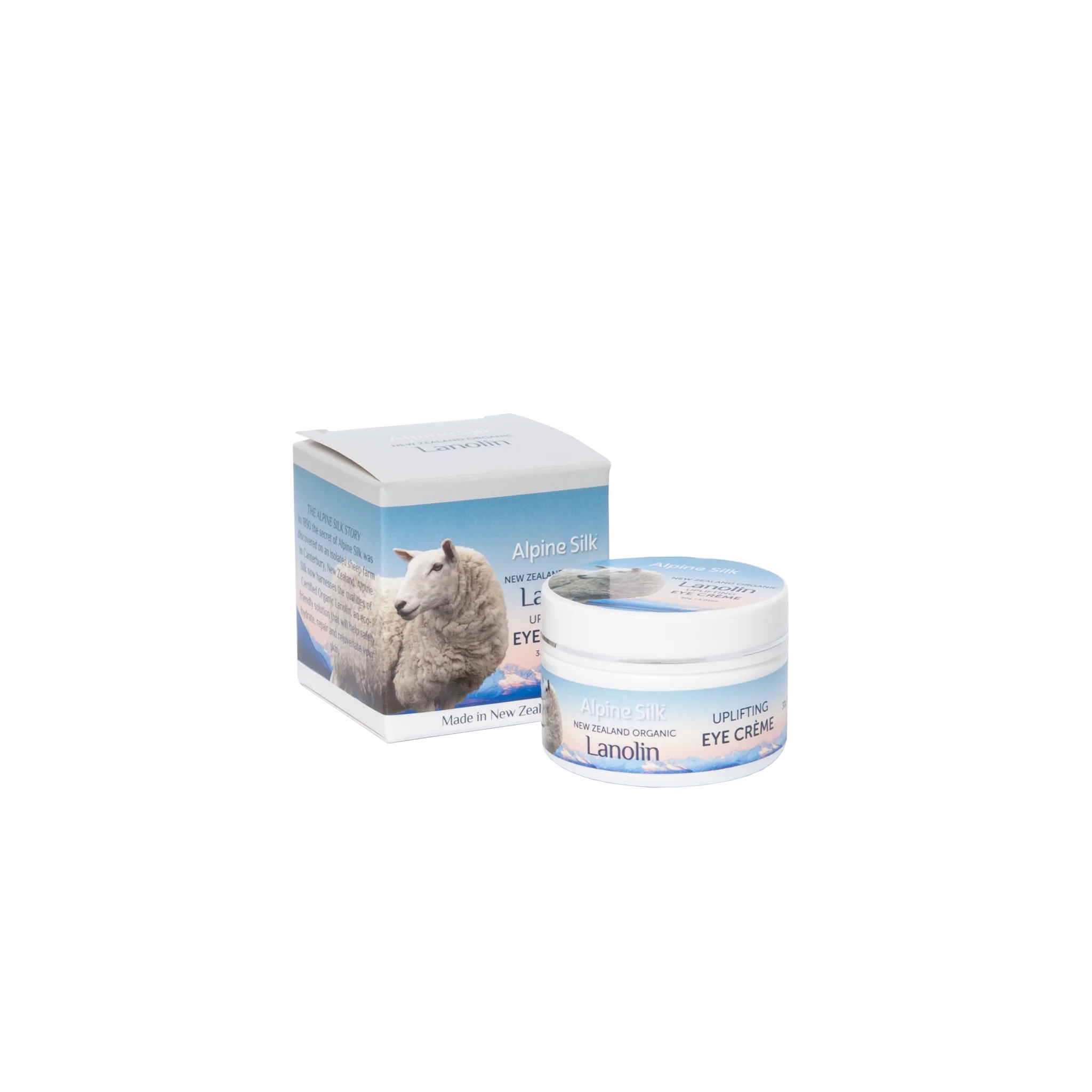 Alpine Silk Organic Lanolin Eye Cream 30g jar with box, rich in collagen, aloe vera, and vitamin E, made in New Zealand.