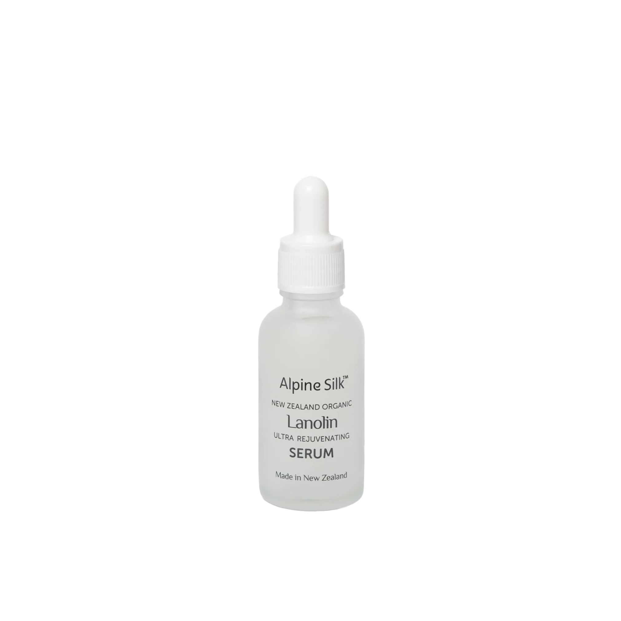 Alpine Silk Organic Lanolin Serum 30ml bottle with a dropper cap, Made in New Zealand.