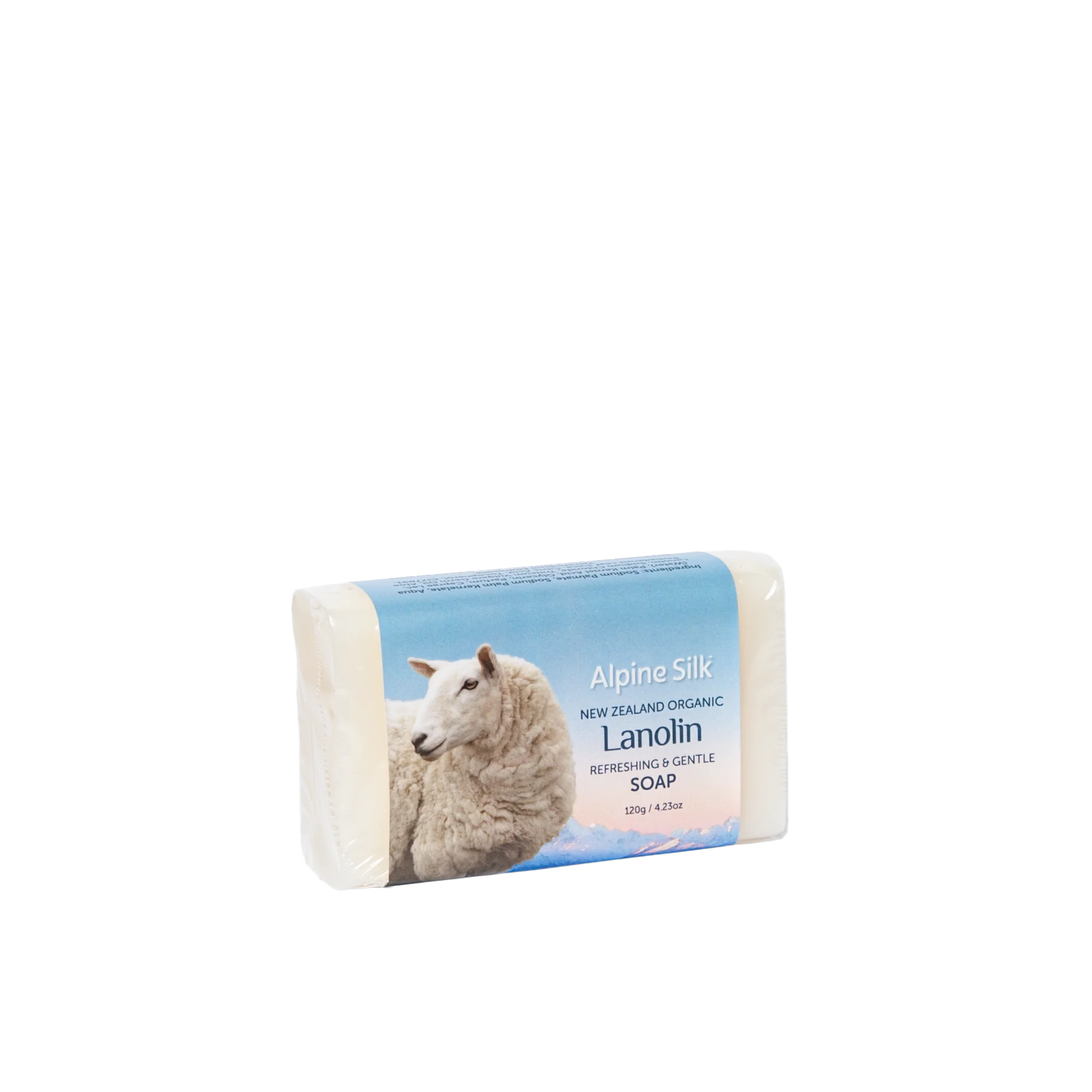 Alpine Silk Organic Lanolin Soap 120g with sheep image on the packaging, made in New Zealand.