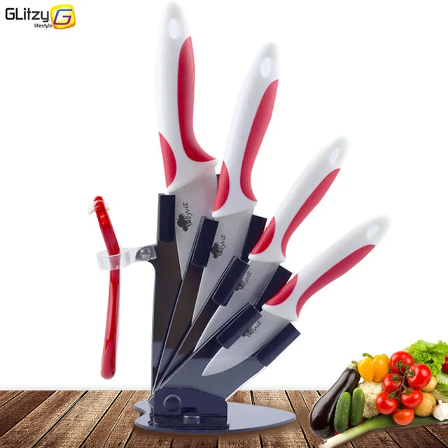 Kitchen Knives Ceramic Knife Set 3 4 5 6 inch Chef Knife Stand Holder Utility with Peeler Fruit Vegetable White Blade Anti-slip - Action Outdoors Kiwi