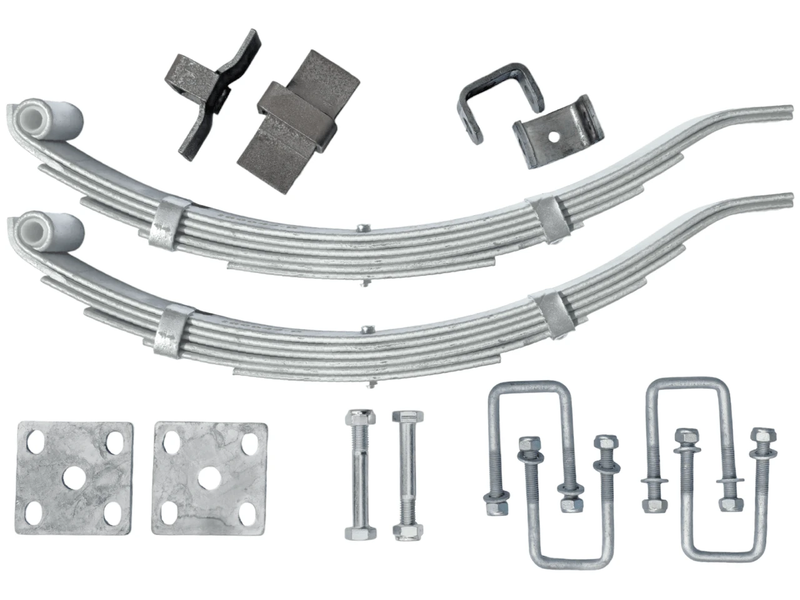 Multi Leaf Spring Kit components including springs, hangers, bolts, plates and u-bolts for 1500kg load capacity.