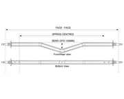 Diagram of Gull Wing Axle - Non-Braked - 1750kg - Galvanised showing front/rear and bottom views with spring centre measurements.