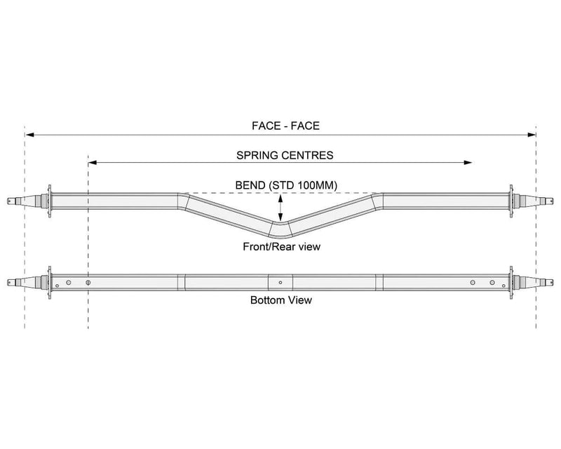 Diagram of Gull Wing Axle - Non-Braked - 1750kg - Galvanised showing front/rear and bottom views with spring centre measurements.