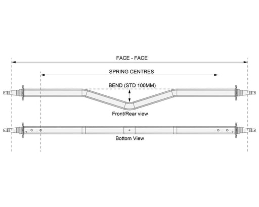 Diagram of Gull Wing Axle - Non-Braked - 1750kg - Galvanised showing front/rear and bottom views with spring centre measurements.