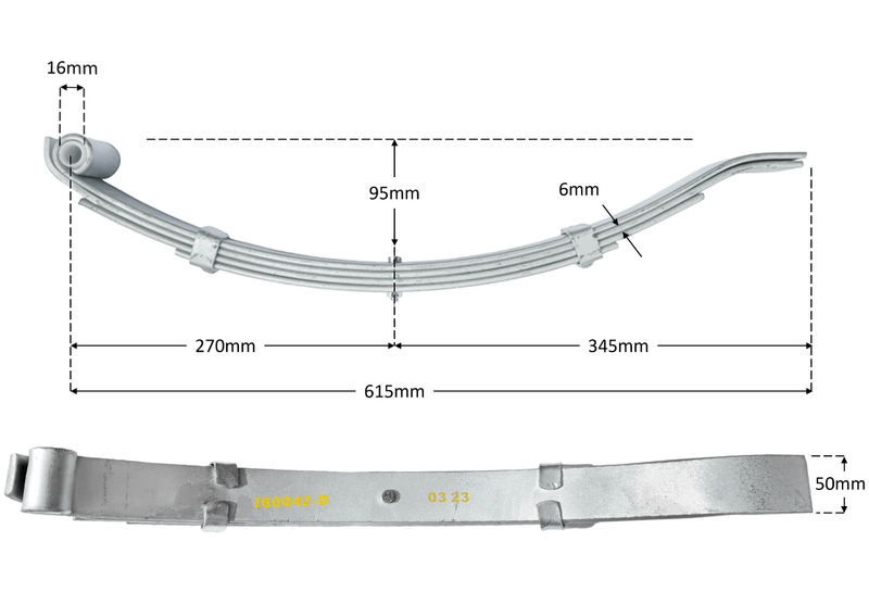 Trojan 4-Leaf Low Slipper Spring - 1000kg - 50mm wide - Pair with dimensions displayed.