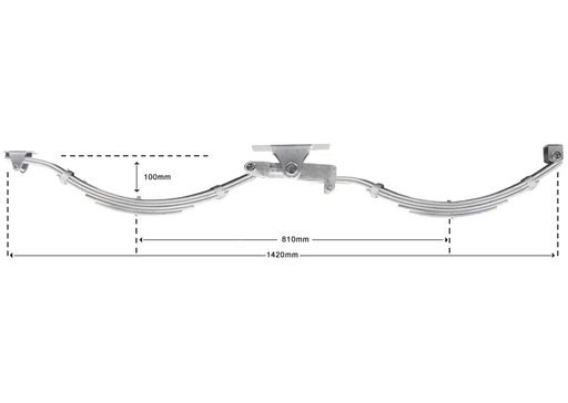 Slipper Eye Type suspension system image showing dimensions of 100mm height, 810mm width, and 1420mm length.