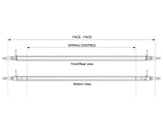 Straight Beam Axle - Tophat Disc - 1750kg - Galvanised diagram showing front, rear and bottom views with dimensions.