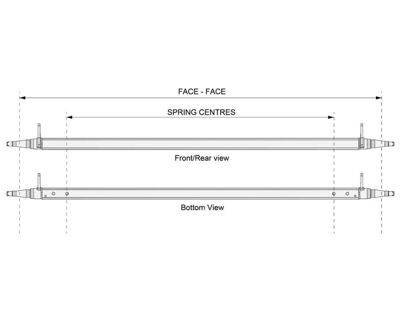 Straight Beam Axle - Tophat Disc - 1750kg - Galvanised diagram showing front, rear and bottom views with dimensions.