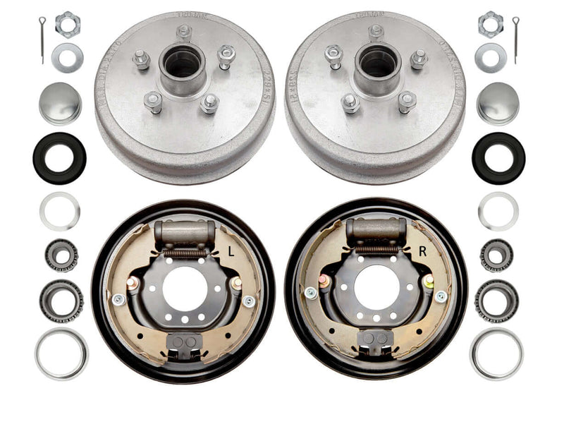 1250kg Drum Braked Hub Kit - 9" Hydraulic Drum - 5x4-1/2x1/2 components including brake drums and shoe assemblies.