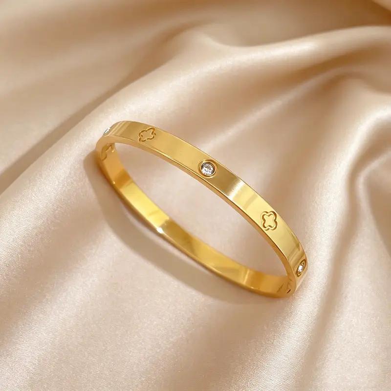 Lucky Clover Gold Crystal Bangle Bracelet by Poppy Gifts