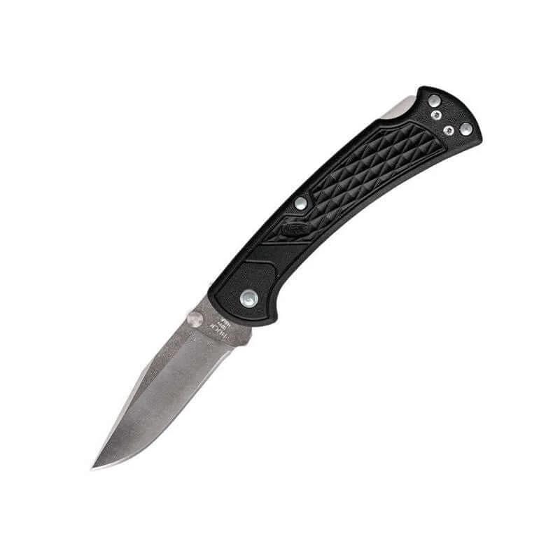 Buck 112 Slim Select Black knife with a sleek black handle and stainless steel blade for everyday carry.